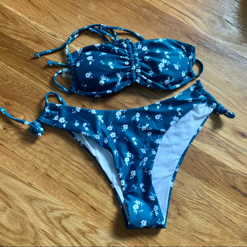 floral teal strapless bikini set